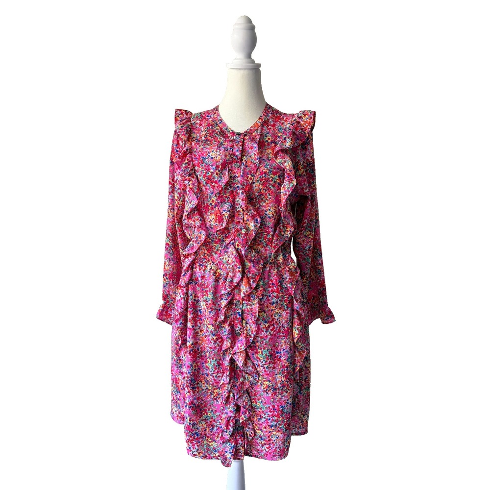 GAP Pink Floral Ruffle Long Sleeve Button Front Mini Dress Cottagecore Sz Small